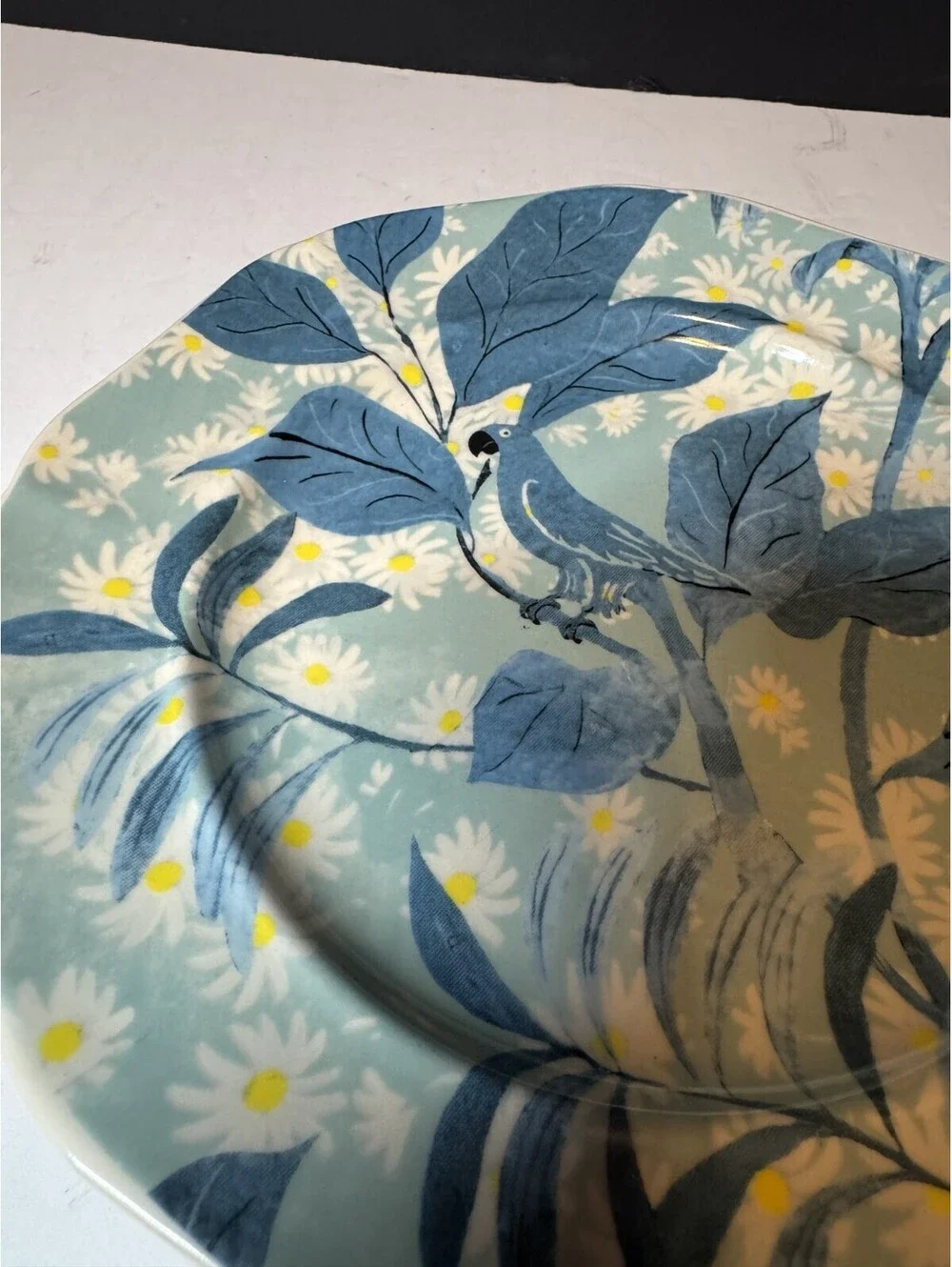 Anthropologie Paule Marrot Salad or Dessert Plate Blue Parrot & White Daisies 8